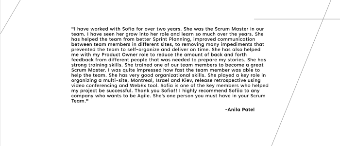 Sofia Zelenova testimonial from Anila Patel